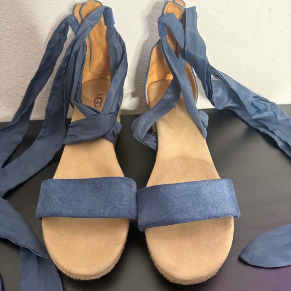 UGG Trina Wedge Espadrille Ankle Wrap Tie Up Sandals Size 10 Blue Suede BOHO - Picture 12 of 12